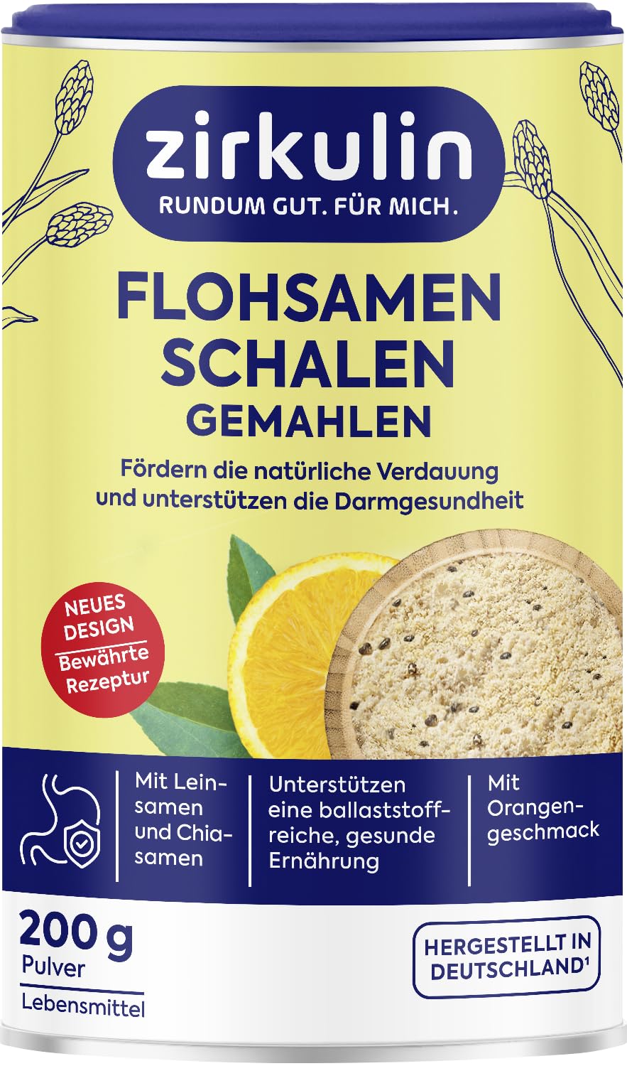 Zirkulin Flohsamenschalen gemahlen 200g Dose – Mit Orangengeschmack - Unterstützt ballaststoffreiche und gesunde Ernährung – Sehr gut Quellfähig