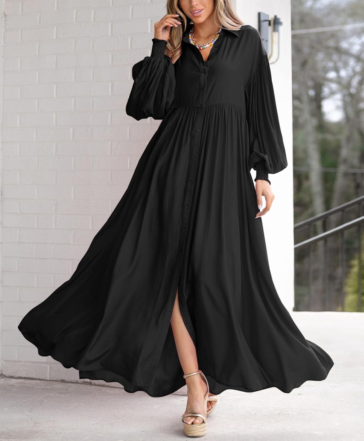chouyatou Women's Casual Long Sleeve Button Down Shirt Dress Elegant Pleated Flowy Swing Maxi Dress - Image 6