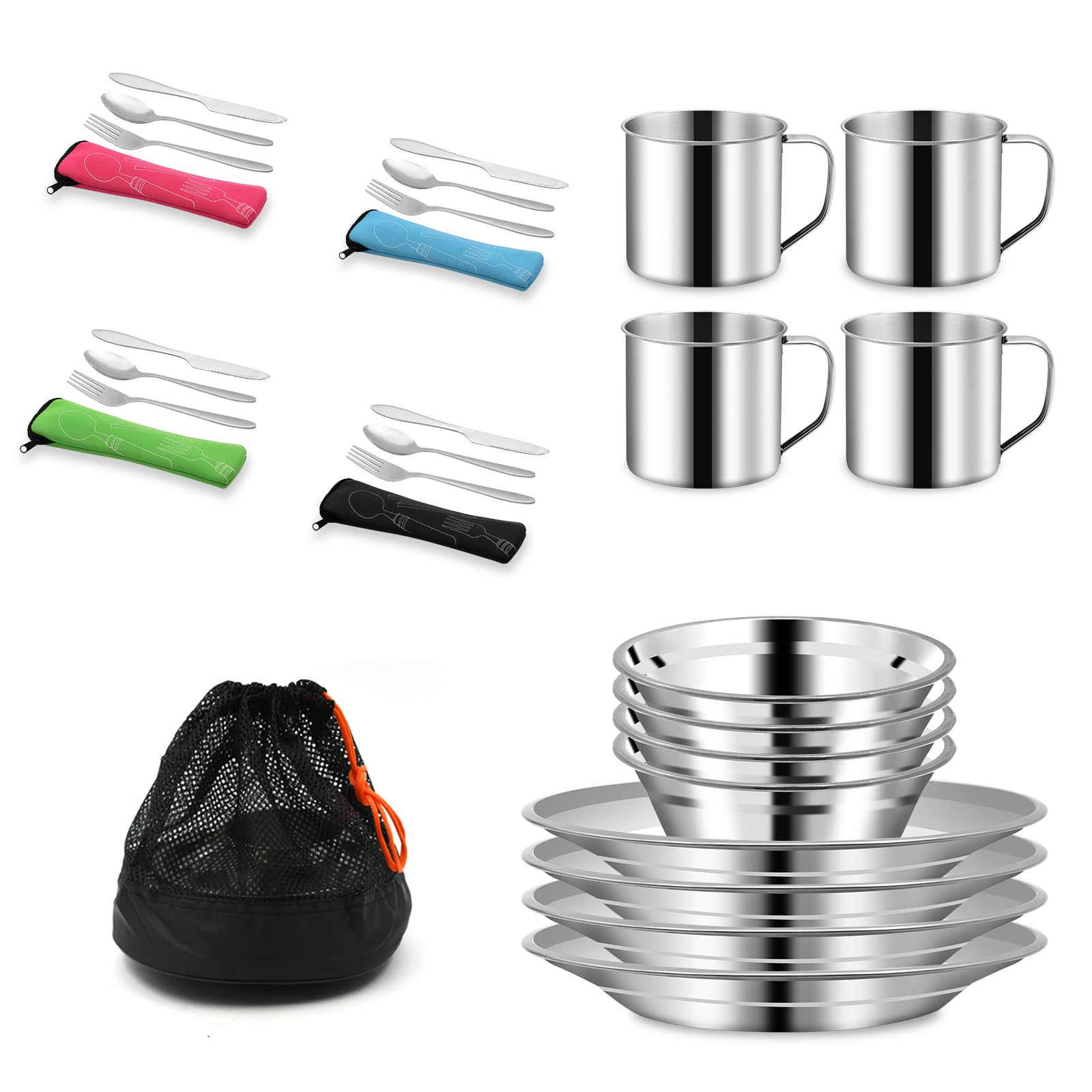 29pcs Stainless Steel Utensils Camping Tableware Kit with Bowls Plates Cups Forks Spoons and Knives for 4, Reusable Camping Flatware