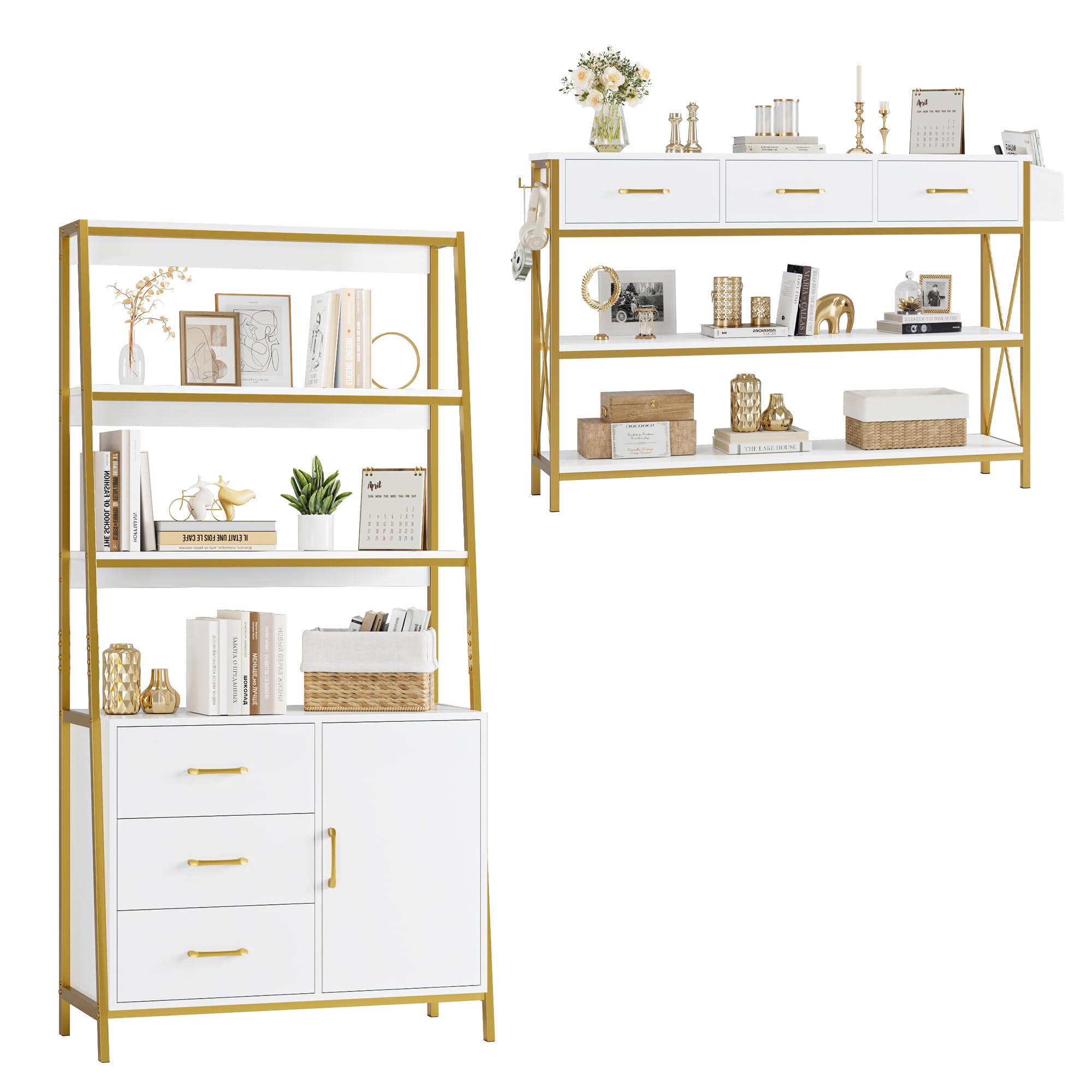 HITHOS Tall Bookshelf, Industrial Console Table with Drawers and Ladder Shelves, Free Standing Storage Cabinet Kitchen Bakers Rack with Microwave Oven