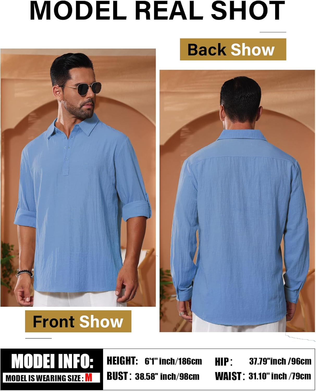 Mens Linen Polo Shirts Long Roll-Up Sleeve Casual Summer Beach Vacation Hippie T-Shirts - Image 3