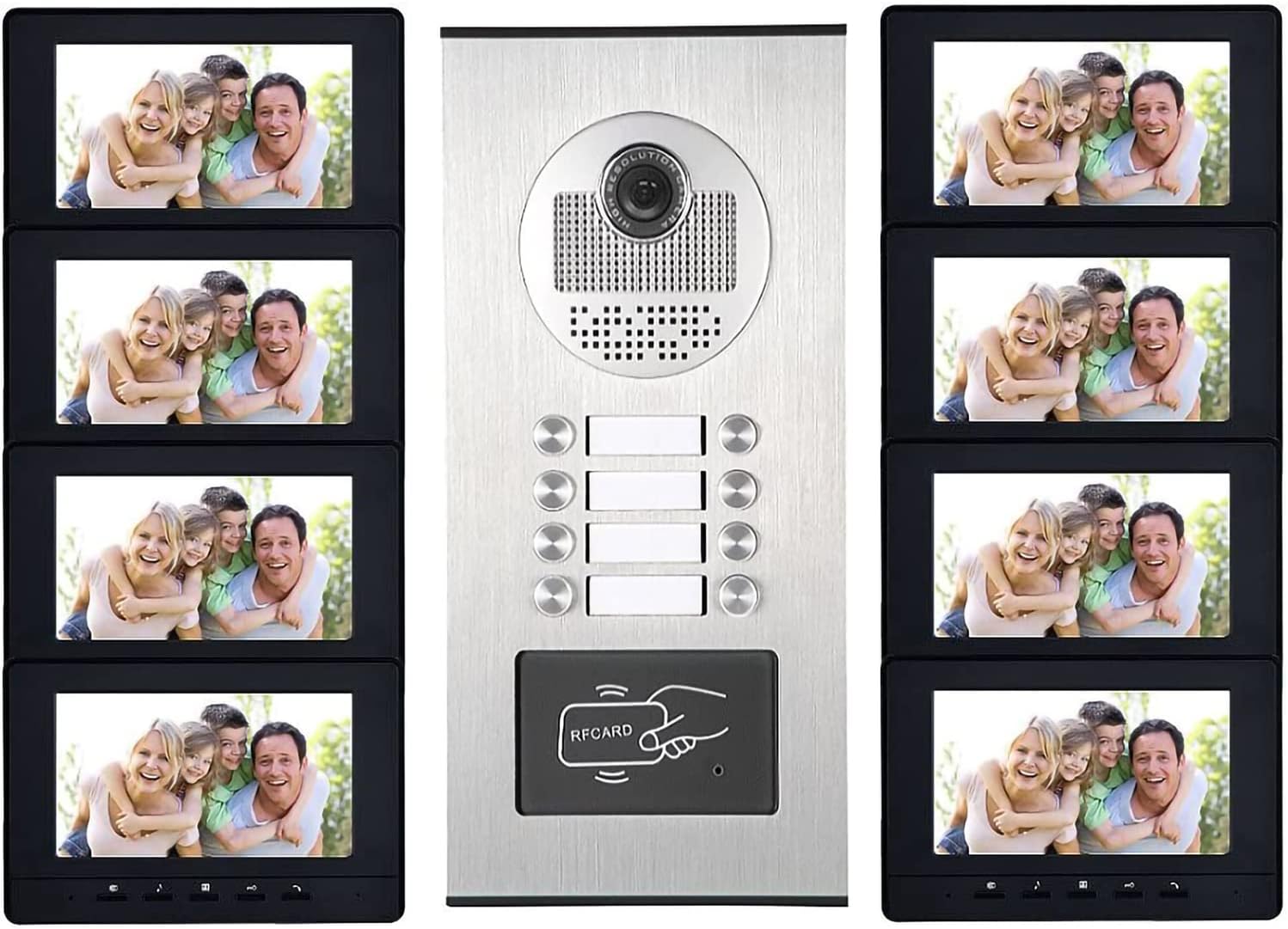 8 Units Apartment Intercom System, Video Intercom Video Door Phone Kit, HD Camera 7" Monitor with ID keyfobs Unlock for 8 Household or Office