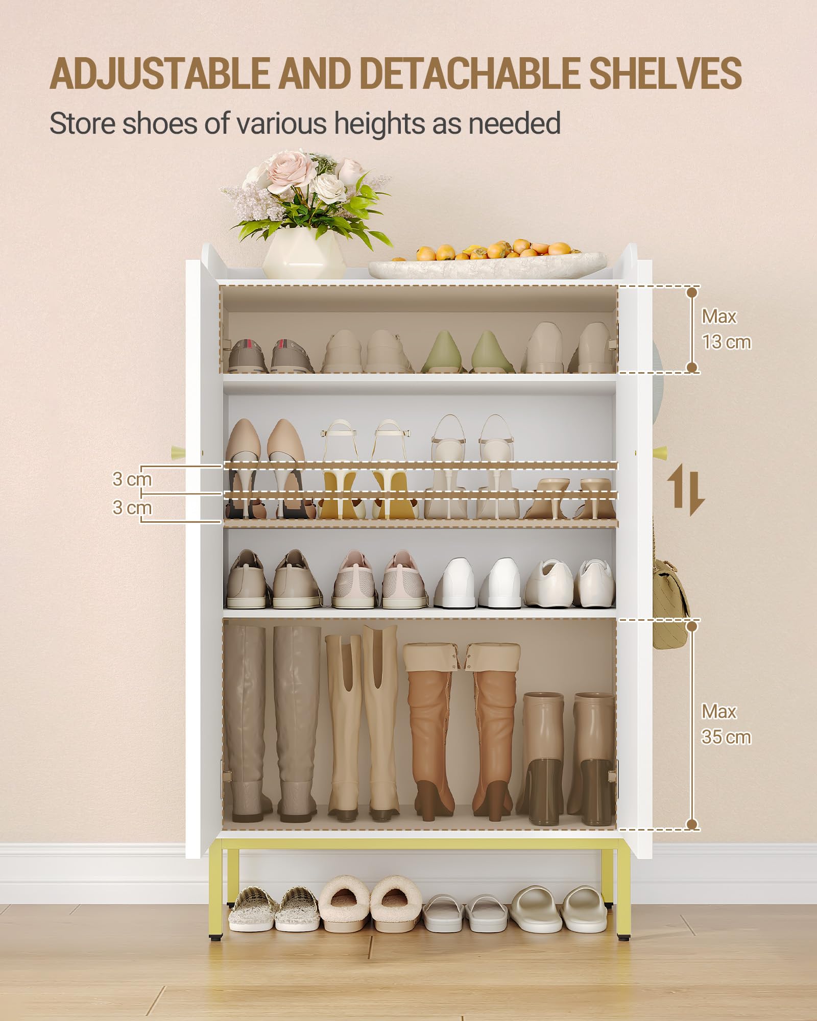 Hzuaneri Meuble à Chaussures 5 Niveaux, 16-20 Paires, Blanc | Armoire à Chaussures, Séparateur Réglable, Poignée Dorée, Grande Capacité pour Entrée, Couloir, 36 × 74 × 115 cm, SR67803A