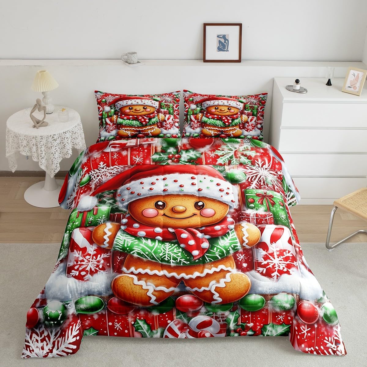 Erosebridal Cute Gingerbread Man Bedding Comforter Sets Twin,Cartoon Christmas Bedding Set Xmas Winter Snowflake Comforter Set Gift for Kids Girls Women New Year Holiday Quilt Duvet 2 Pcs