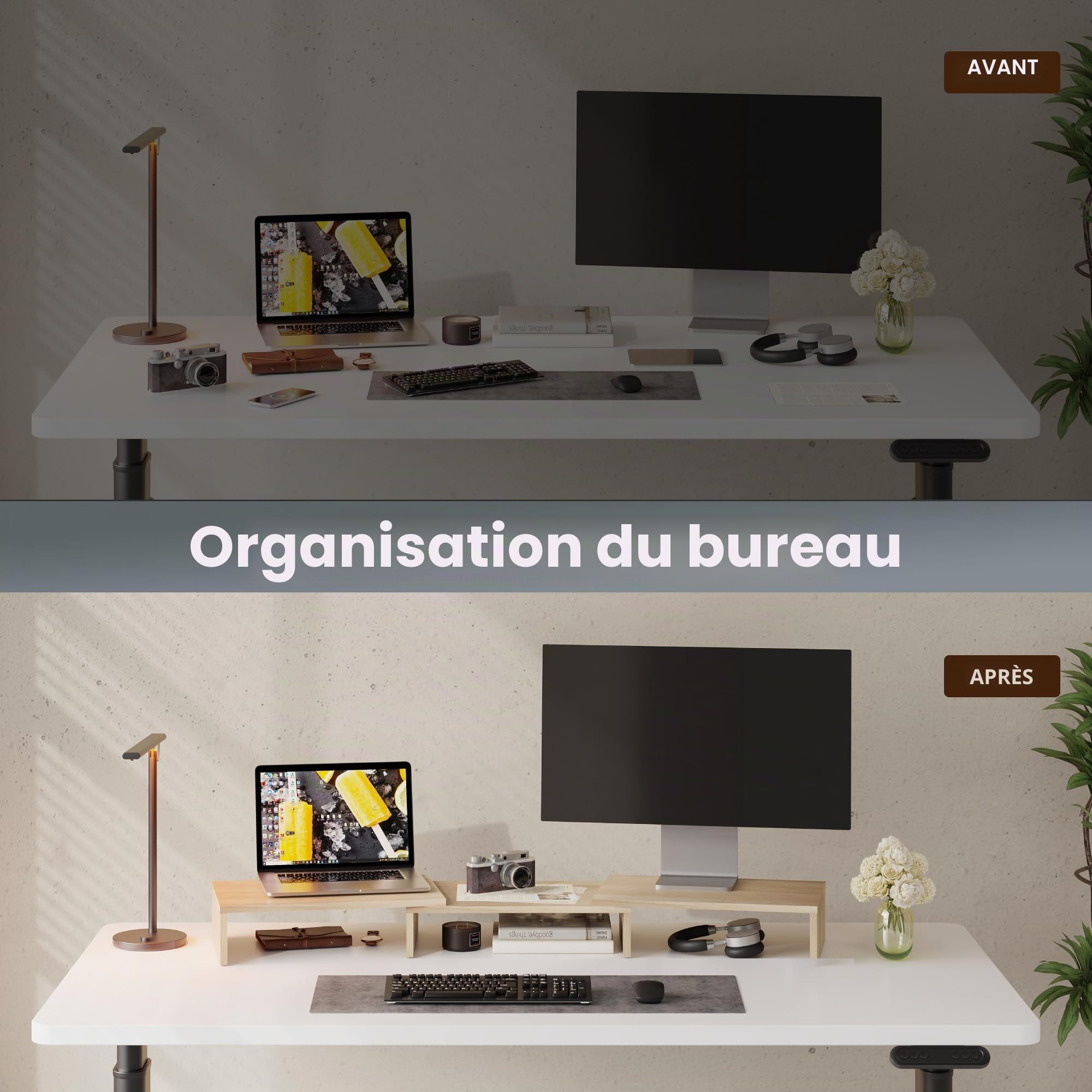 FITUEYES Réhausseur d'Écran en Bois Support de Moniteur Réglable 92,5-108x23,5x10,2cm Chêne