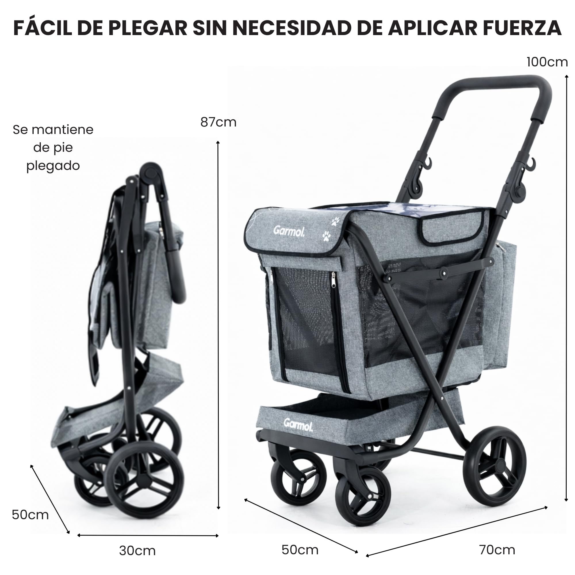 GARMOL Jumbo Pet Carrito para Mascotas Plegable 66L hasta 8kg | 4 Ruedas con 2 Giratorias, Capota Transparente Impermeable, Bolsa 9L y Bandeja 6L | Carro para Perros Pequeños y Medianos (Gris)
