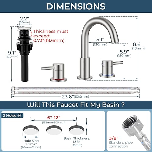 Miniatura 5 de FGKQ Grifo de baño de níquel cepillado de 3 agujeros, grifos de baño de 8 pulgadas para fregadero, 3 agujeros, níquel cepillado con líneas de