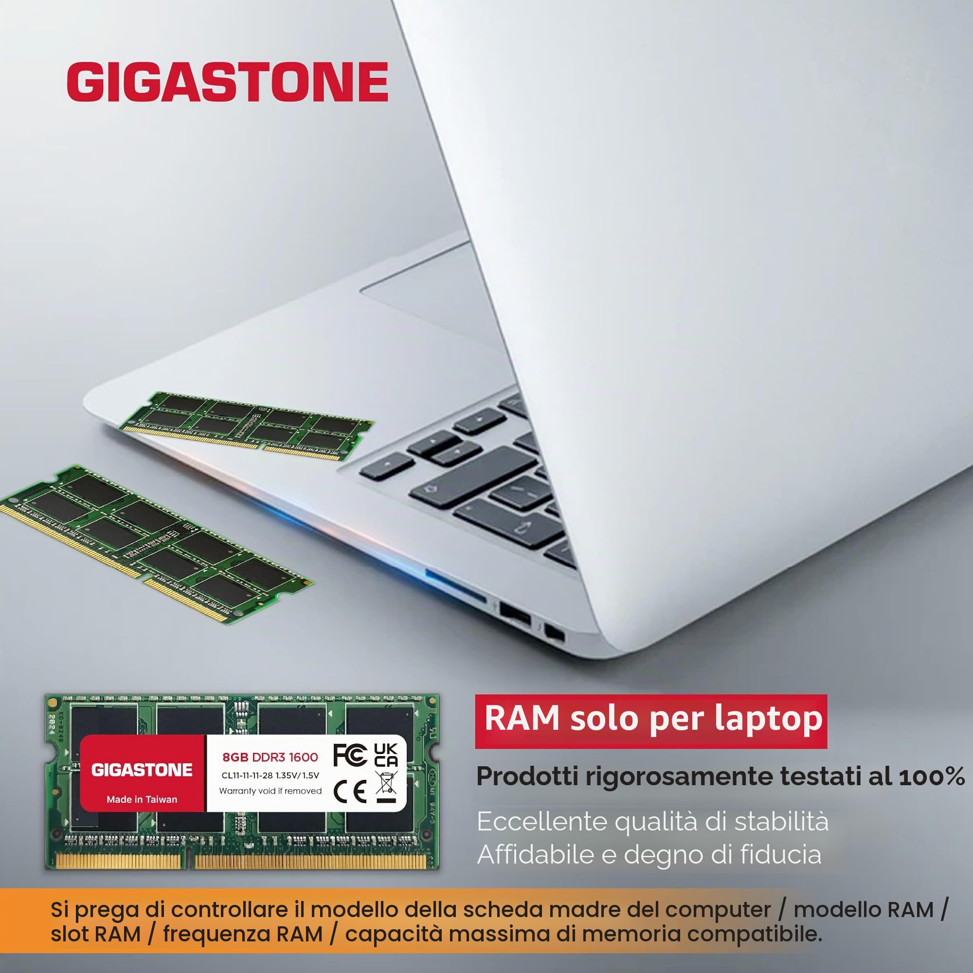 [RAM DDR3] Gigastone Computer portatile RAM 16GB (2x8GB) DDR3 16GB DDR3-1600MHz PC3-12800 Unbuffered Non-ECC 1.35V CL11 SODIMM RAM di Memoria 204 Pin Ideale per Laptop (SOLO Laptop)