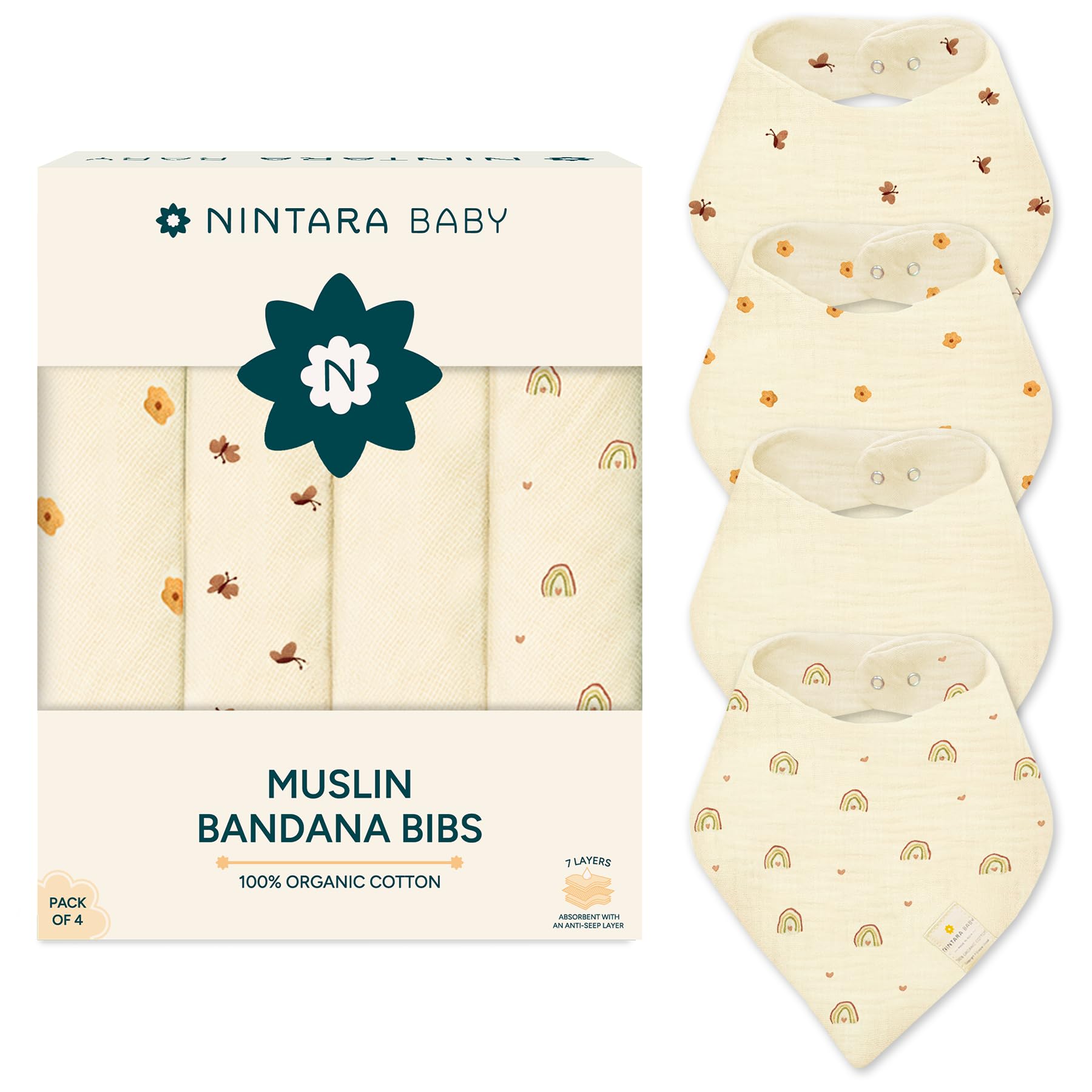 NINTARABABY Bandana Bibs, 100% Organic Muslin Cotton, 7-Layer Absorbent for Drooling Teething & Feeding