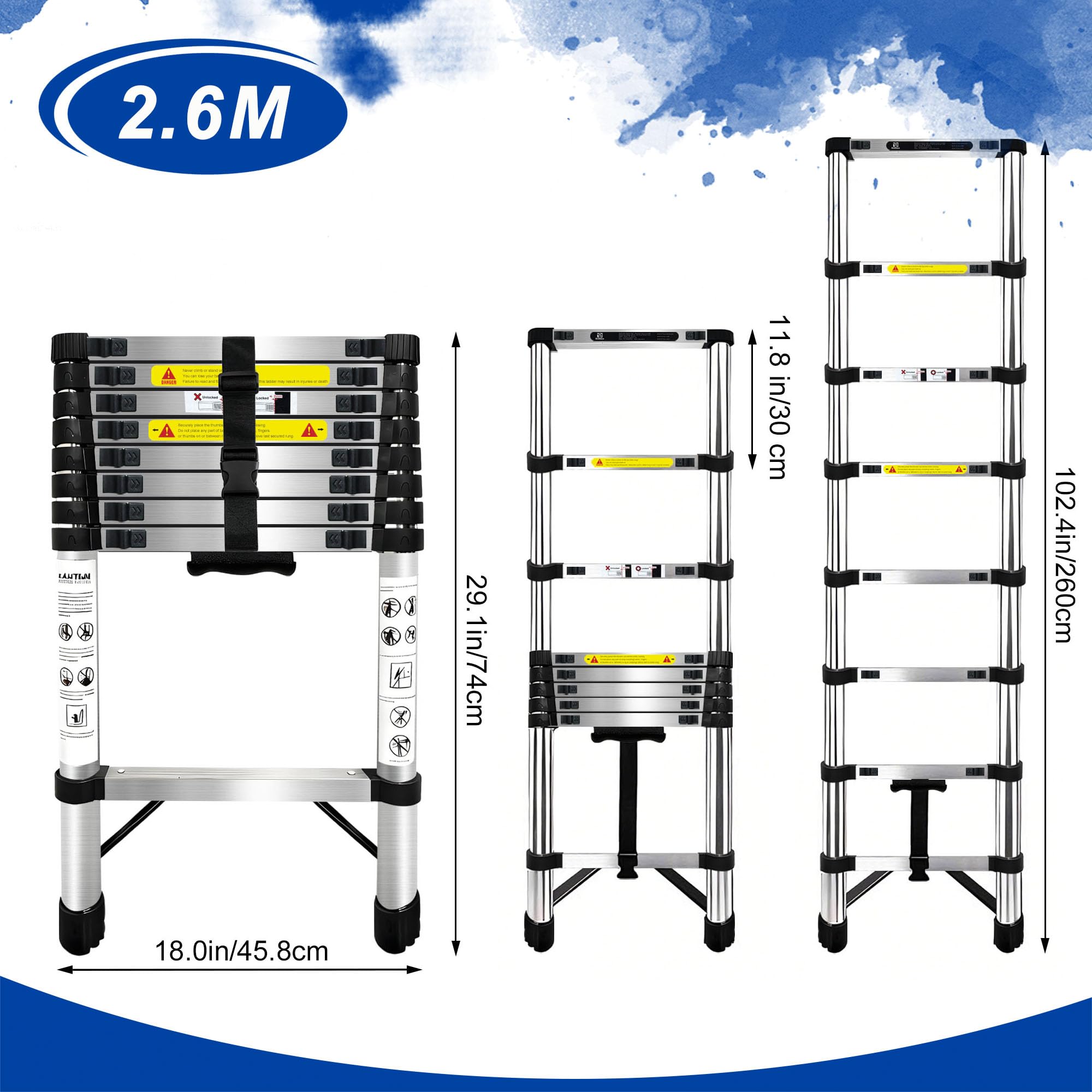 Escalera telescópica de 2,6 m de acero inoxidable, ligera y versátil para uso doméstico, portátil y fácil de guardar. Adecuado para trabajos en el techo y el uso al aire libre