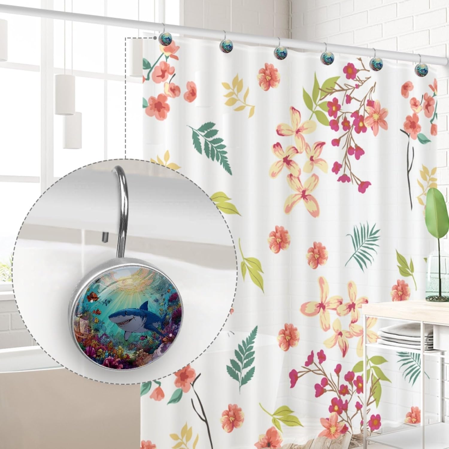 12 PCS Ocean Shark Fish and Flower Shower Curtain Hooks, Rustproof Crystal Glass Shower Curtain Rings Decorative Shower Hooks, Round Shower Rings Hangers, Home Bathroom Bedroom Decor