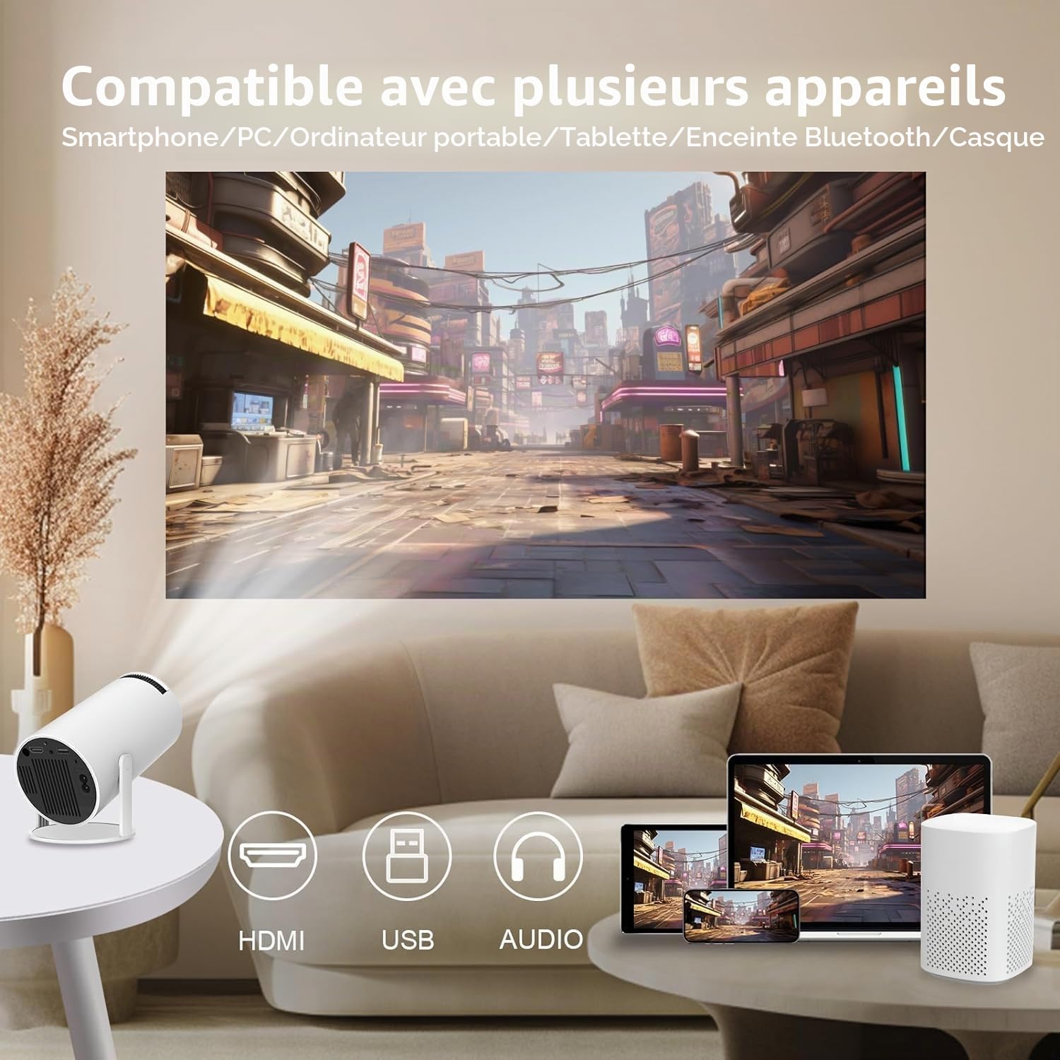 LQWELL Mini projecteur HY300 Pro, Compatible 4K 1080P, avec Android 11, Wi-FI 6, Bluetooth 5.0, Compatible Airplay et Miracast, pour Android/iPhone/PC/Mac/Switch