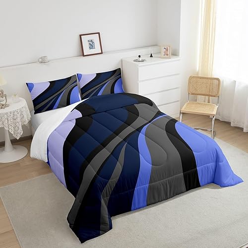Miniatura 4 de Moderno juego de ropa de cama geométrica tamaño Queen, color azul oscuro, gris, negro, para niños, niñas, niños, adolescentes, relleno de edredón a