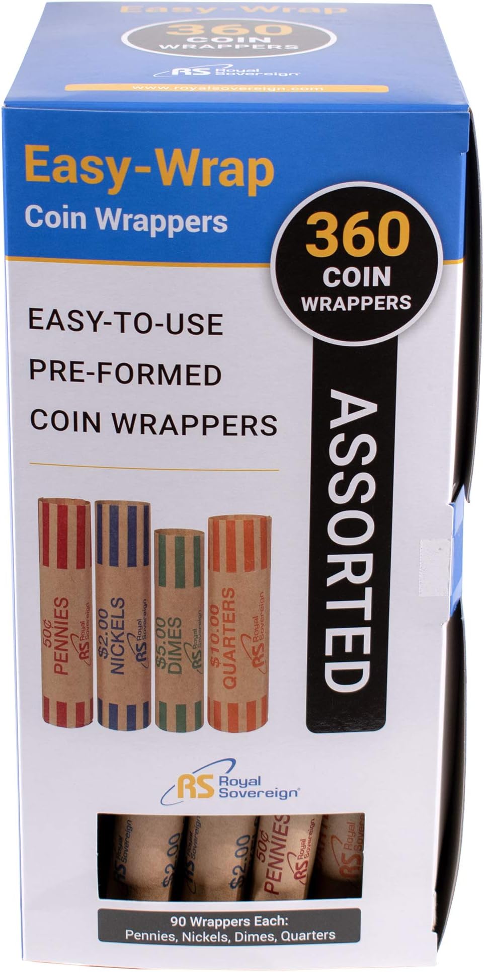 Royal Sovereign Assorted (Dimes, Nickles, Pennies & Quarters) Preformed Coin Wrappers 90 Each, 360 Pack (FSW-360N),Grey