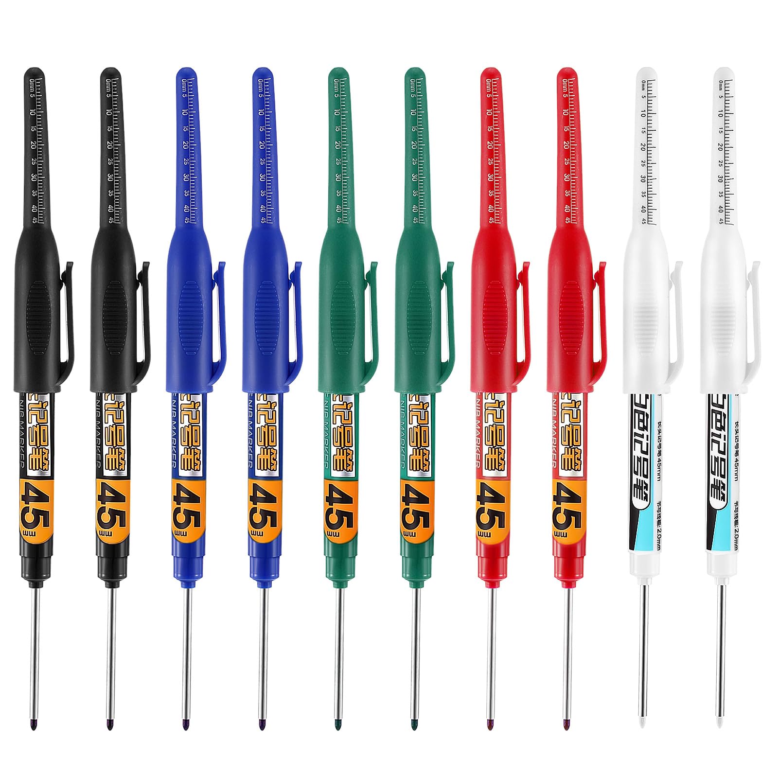 KFHENSOMR 10 Pcs Deep Reach Markers Long Head Deep Hole Marker Pens 45mm Long Nose Marker Waterproof Construction Markers Marking Tool Permanent Pen Carpenter Ink Pens Metal Marking Pen (5 Colors)