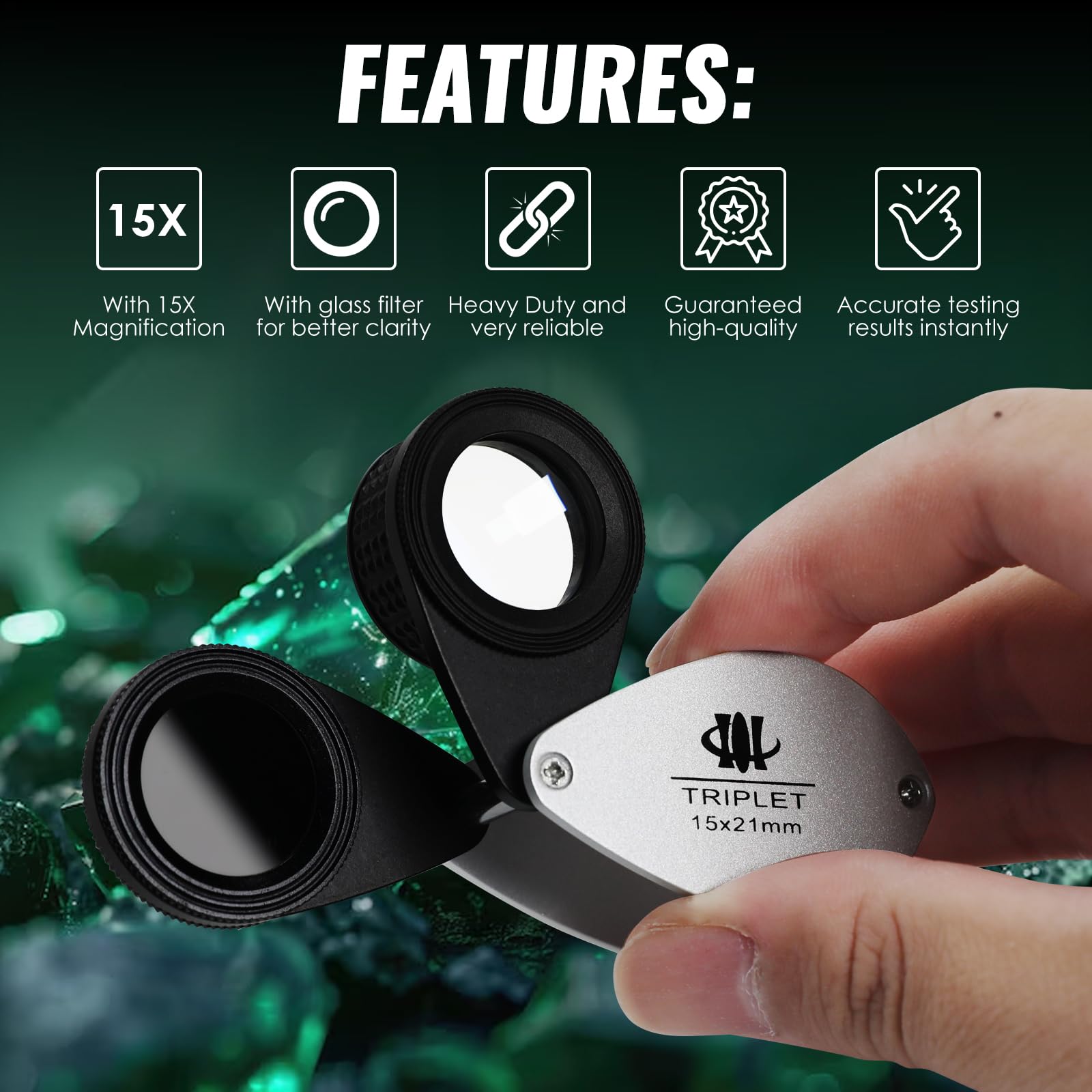 Lente d'ingrandimento 15x con filtro in giadeite, lente da 21 mm, telaio in alluminio, design a doppio vetro, per gioielli, strumento per collezionisti di giada