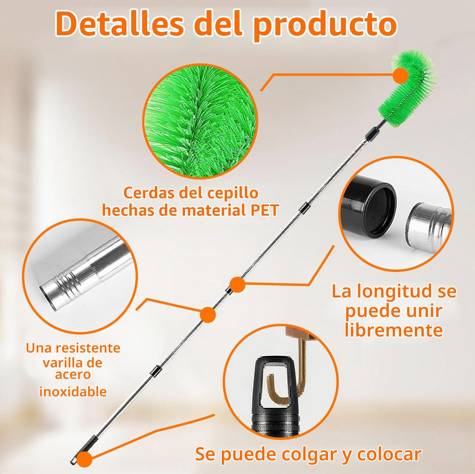 Herramienta Limpieza Canalones con 8 Poste Telescopico Acero Inoxidable, Limpiador Hojas Techos Extensible 310 cm, Cepillo Limpiar Nieve Tejado (Verde+ Amarillo)