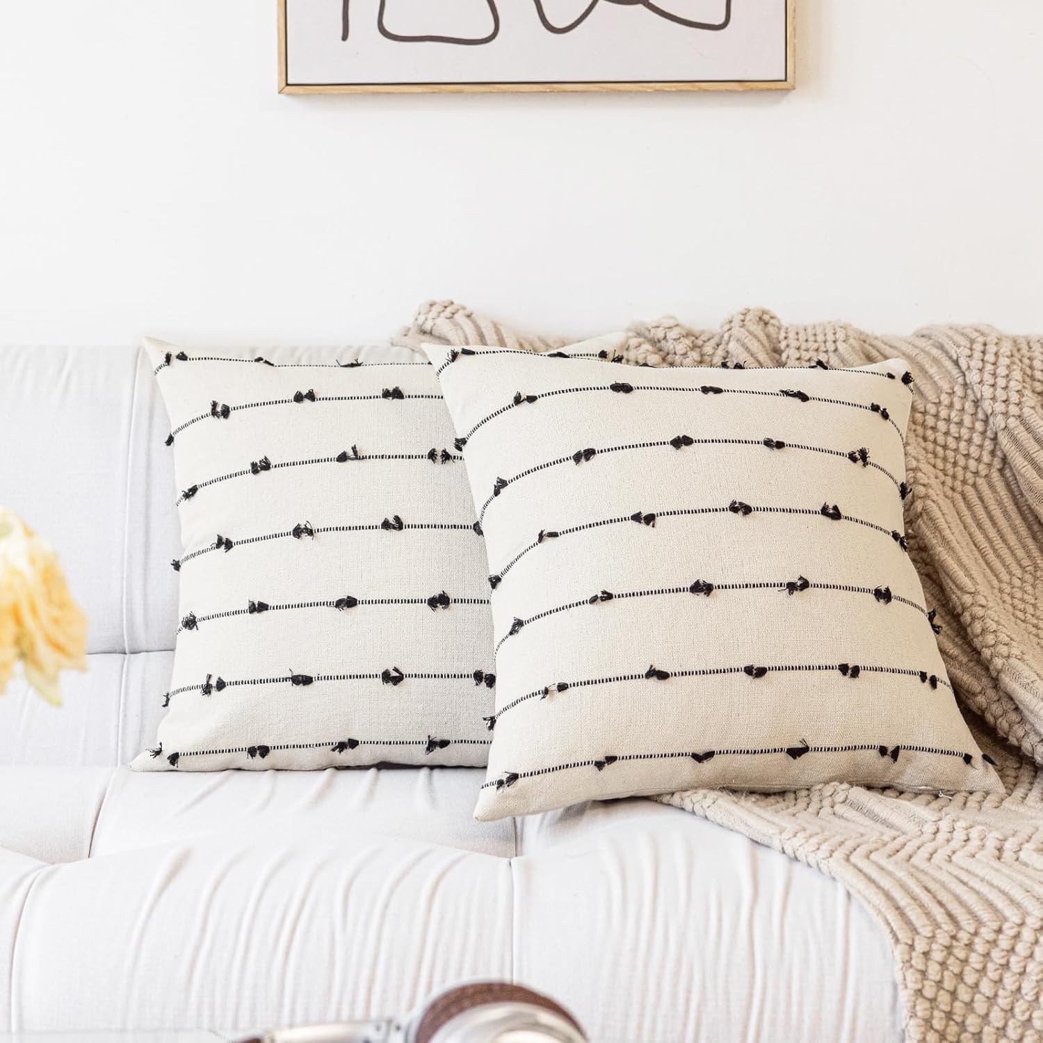 YEENAASY Boho Throw Pillow Covers 22x22 Set of 2 Modern Farmhouse Decorative Cushion Case Tufted Square Pillows Cover Neutral Pillow Cases Accent Pillowcase for Sofa,Couch,Bed,Beige and Black