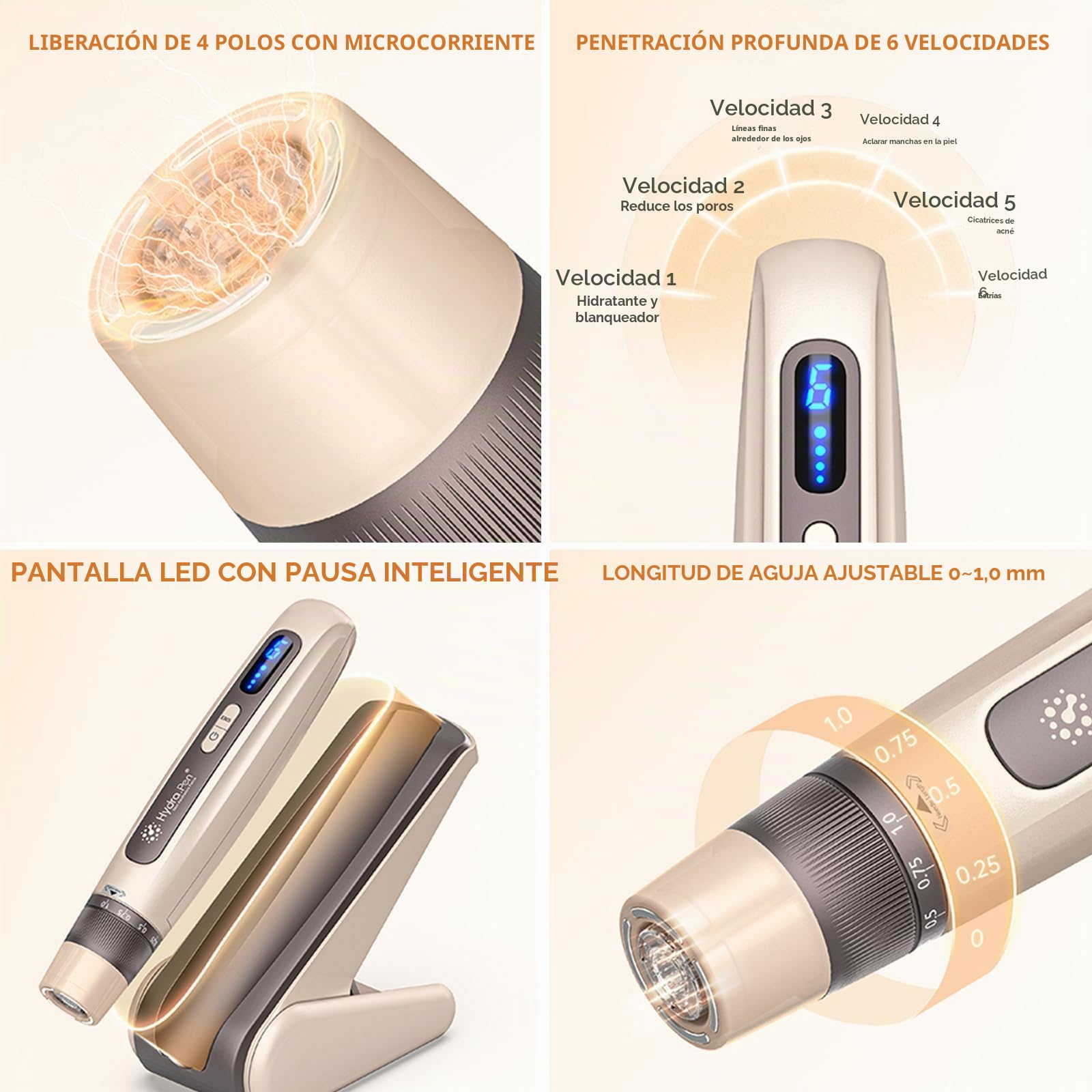 Hydra.pen H5 Microneedling Pen Profesional Inalámbrico, Microneedle Aplicador de Suero con Microcorriente EMS y Pantalla LED, Para Cuidado de la Piel, Arrugas, Cicatrices y Caída del Cabello, Oro