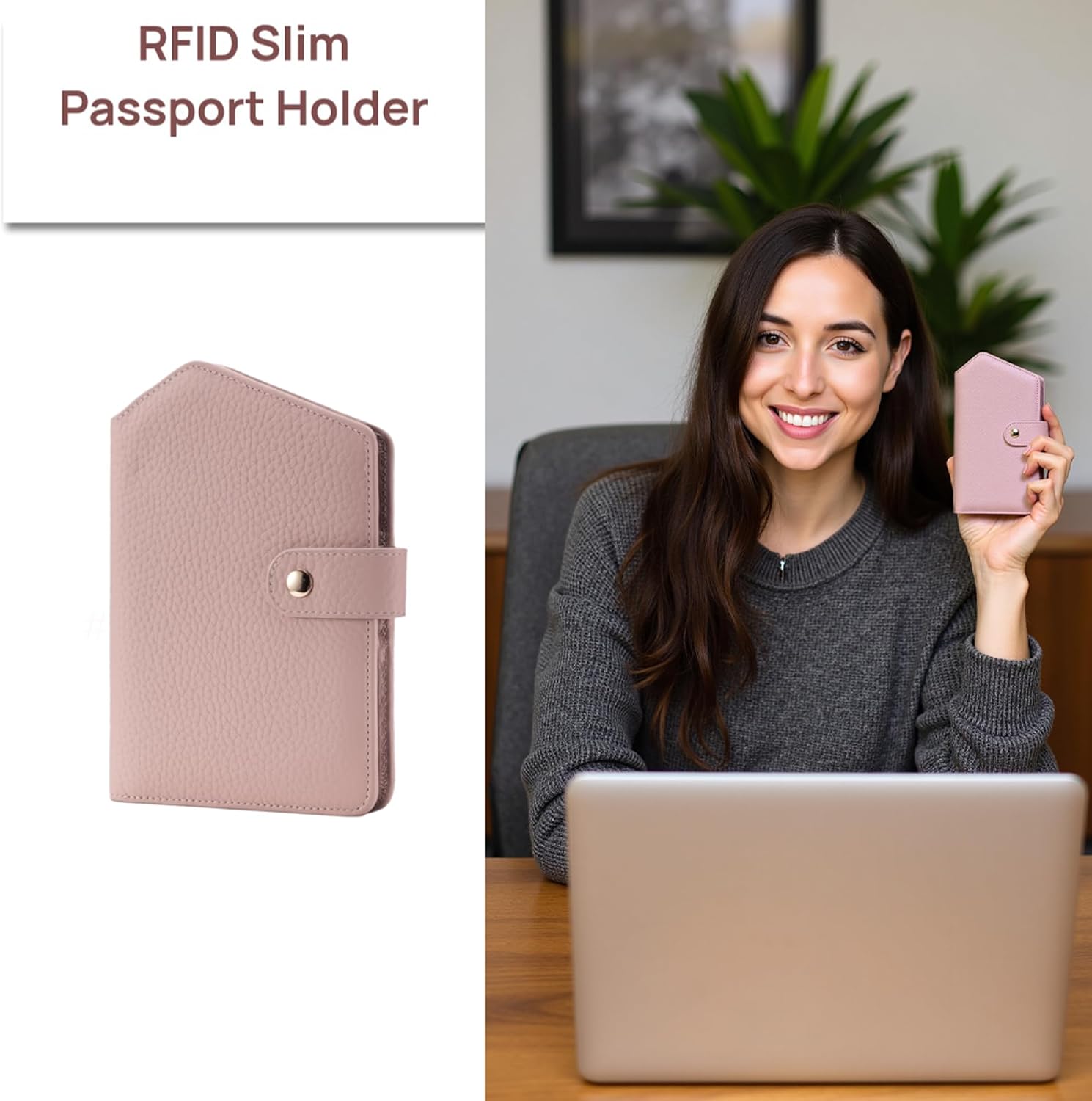Cute RFID Passport Wallet for Women Leather Slim Passport Holder Travel Wallet Cover with Zipper Coin Purse, Credit Card, Sim and Tticket Slots (Pink)