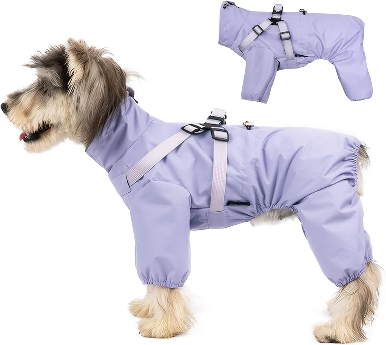 Dog Raincoat with Harness, Small Medium Dogs Waterproof Rain Jackets, Four-Legged Fullbody Cover Puppy Poncho, Reflective Dog Coat Rainwear Adjustable Zipper Closure Rain Clothes Full Wrap (Purple,M)
