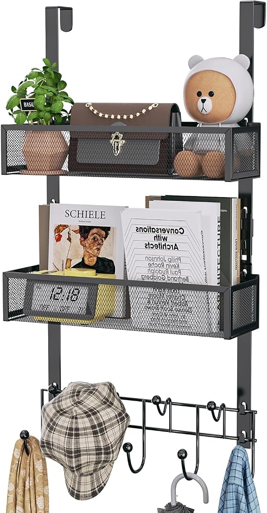 HapiRm Over the Door Hanger with Coat Hooks and 2 Baskets, Rustproof & Waterproof Over the Door Hooks, Storage Organizer for Hats, Bathroom, Kitchen, Bedroom, RV, Camper-Black (for 1.76in Doors)