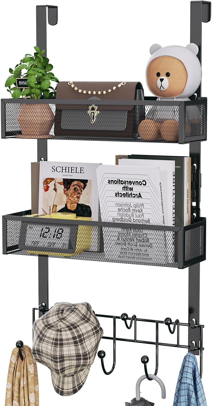 HapiRm Over the Door Hanger with Coat Hooks and 2 Baskets, Rustproof & Waterproof Over the Door Hooks, Storage Organizer for Hats, Bathroom, Kitchen, Bedroom, RV, Camper-Black (for 1.76in Doors)