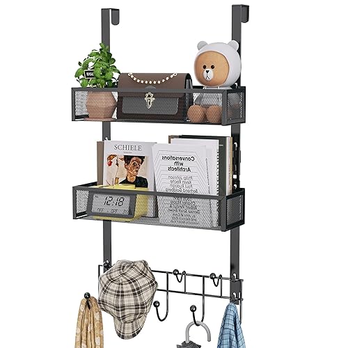 HapiRm Over The Door Hanger with Coat Hooks and 2 Baskets, Rustproof & Waterproof Over The Door Hooks, Storage Organizer for Hats, Bathroom, Kitchen, Bedroom-Black (for 1.76in Doors) - Black-2