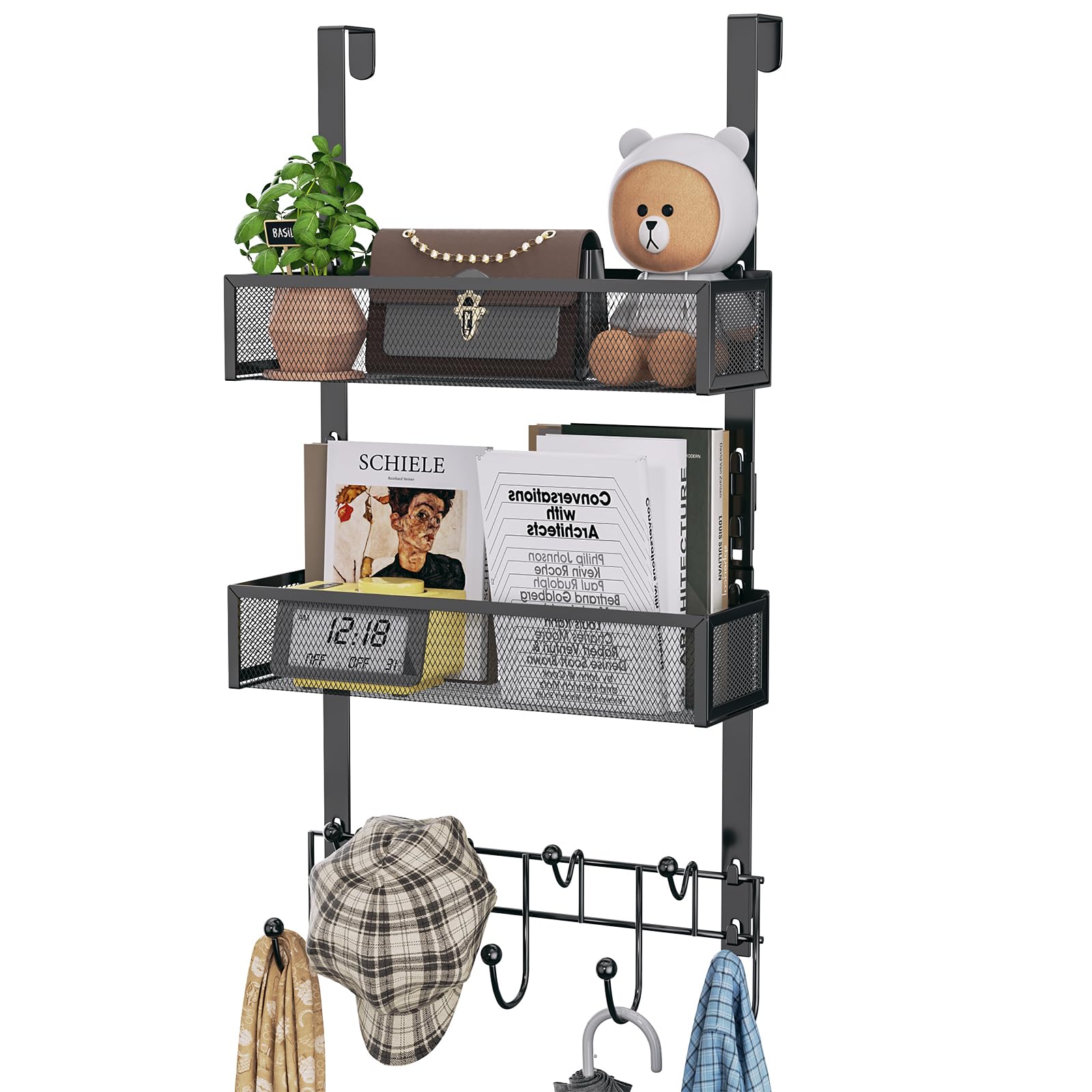 HapiRm Over The Door Hanger with Coat Hooks and 2 Baskets, Rustproof & Waterproof Over The Door Hooks, Storage Organizer for Hats, Bathroom, Kitchen, Bedroom-Black (for 1.76in Doors)