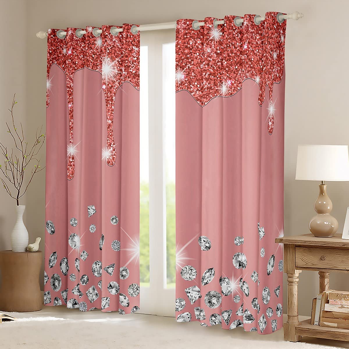 Rideaux occultants à strass pour chambre à coucher, rideaux occultants rose jade (30 % à 50 %) - 132 x 228 cm
