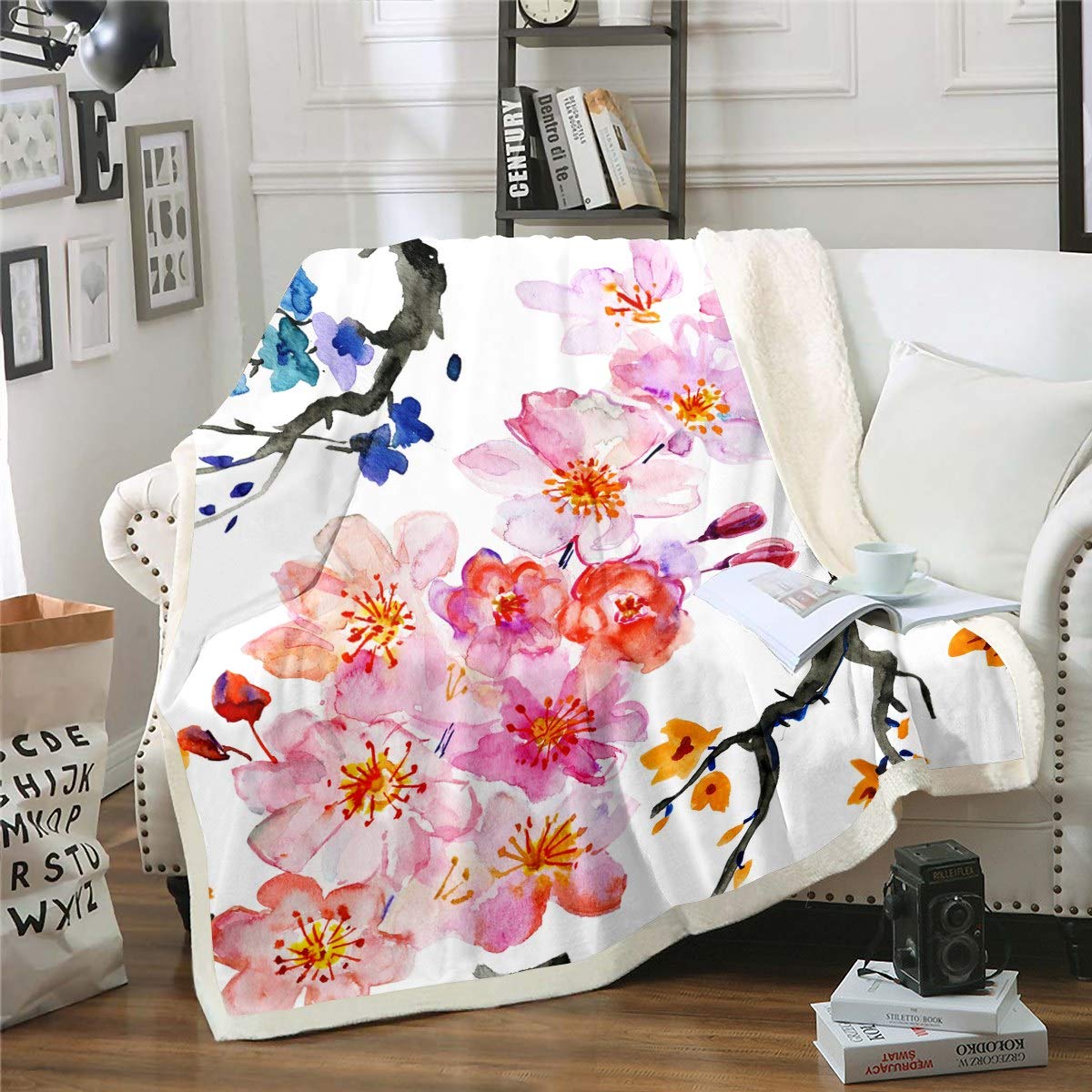 Loussiesd Girls Multicolored 8 Floral Sherpa Blanket Watercolor Flowers Prined Fleece Throw Blanket Luxury Soft Women Plush Blanket Botanical Branches Decor Fuzzy Blanket For Sofa Bed Couch Single 50X60 Inch