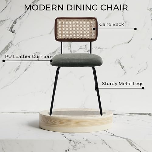 Miniatura 4 de Juego de 2 sillas de comedor de ratán, sillas tapizadas de cuero sintético verde con respaldo de ratán, tejidas con patas de metal para cena, sala