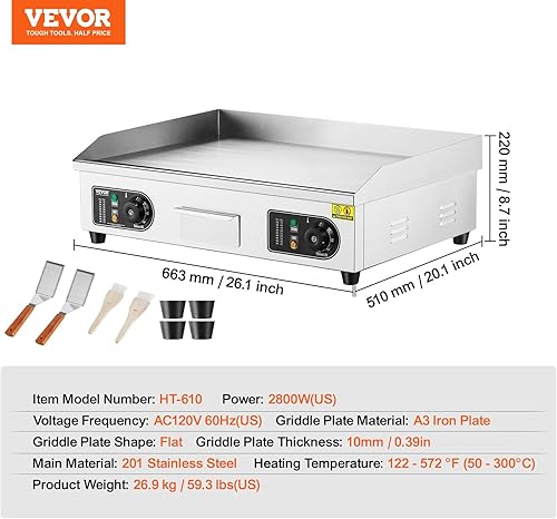 Miniatura 7 de VEVOR Plancha eléctrica comercial mejorada, parrilla de encimera de acero inoxidable de 2800 W, parrilla de 26 pulgadas con 2 palas y 2 cepillos,