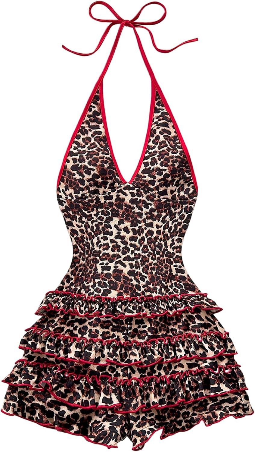 Milumia Women's Leopard Print Sleeveless Halter Romper Y2K Contrast Binding Shorts Jumpsuit