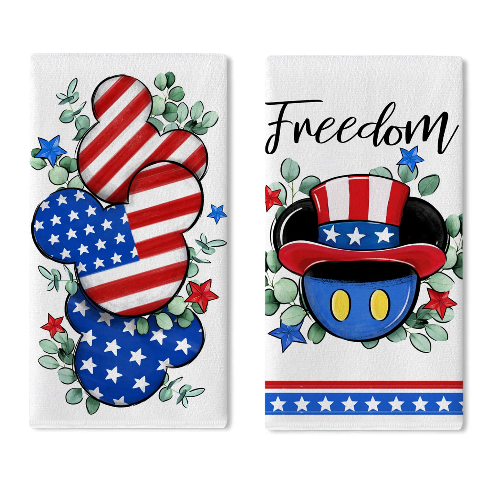 YMCAFZ 4th of July Patriotic Kitchen Dish Towels Set of 2, America Freedom Stars Stripes Hand Towels Drying Baking Cooking Cloth, American USA Leaves