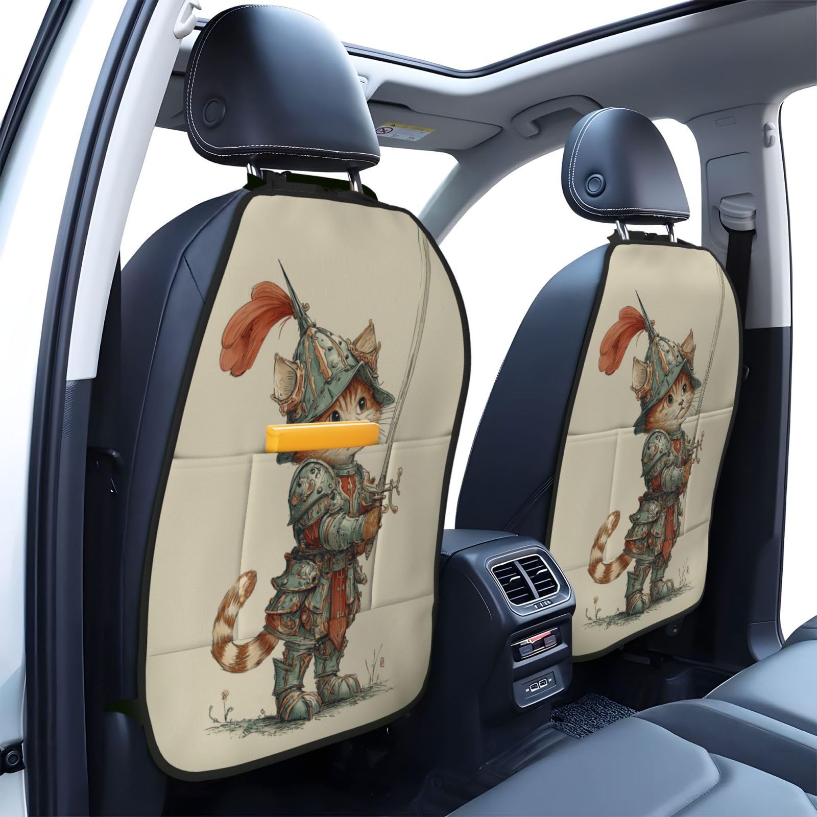 Funny Cartoon Cat In Armor Car Seat Back Kick Protectors,2 Pack Kick Mats With Storage Pockets For Vehicles To Protect From Dirt Mud Scratches
