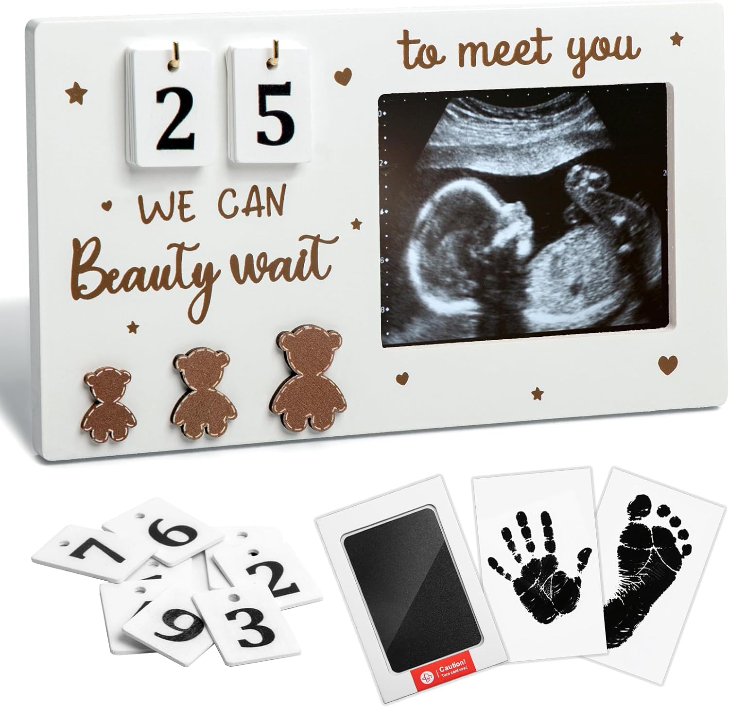 Baby Sonogram Picture Frame Ultrasound Photo Frame with Countdown Weeks & Newborn Handprint Kit New Mom Expecting Parents to Be Keepsake Gift Congratulations Pregnancy Must Have (Bear)