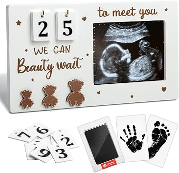 Baby Sonogram Picture Frame Ultrasound Photo Frame with Countdown Weeks & Newborn Handprint Kit New Mom Expecting Parents to Be Keepsake Gift Congratulations Pregnancy Must Have Bear