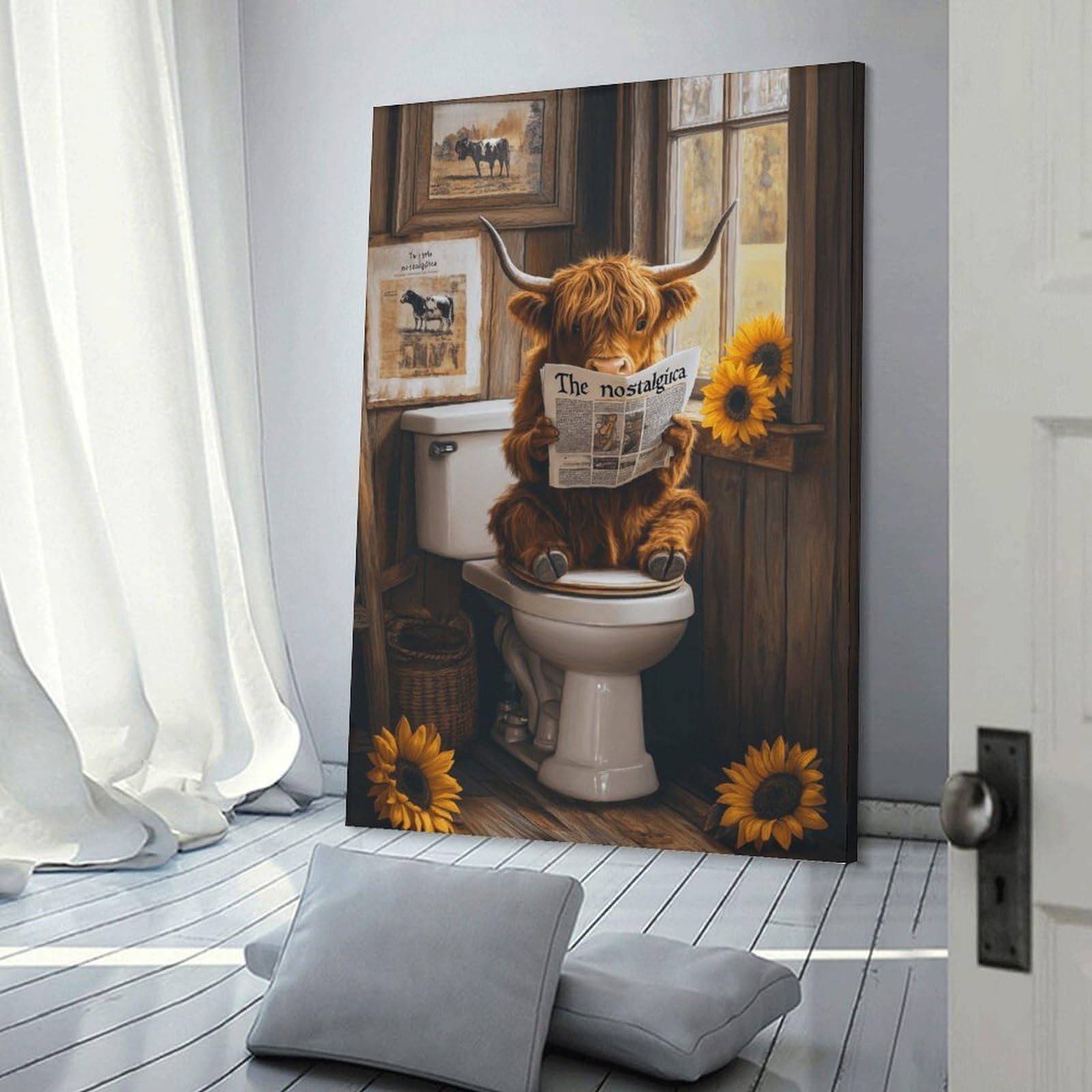 Junmoney Frame-Style-13 Cow Reading Newspaper On Toilet Room Decor Wall Art 20X30inch(50X75cm), For Lounge Decor, Offices Or Entryway Styling, A Flexible Wall Accent For Shared Spaces