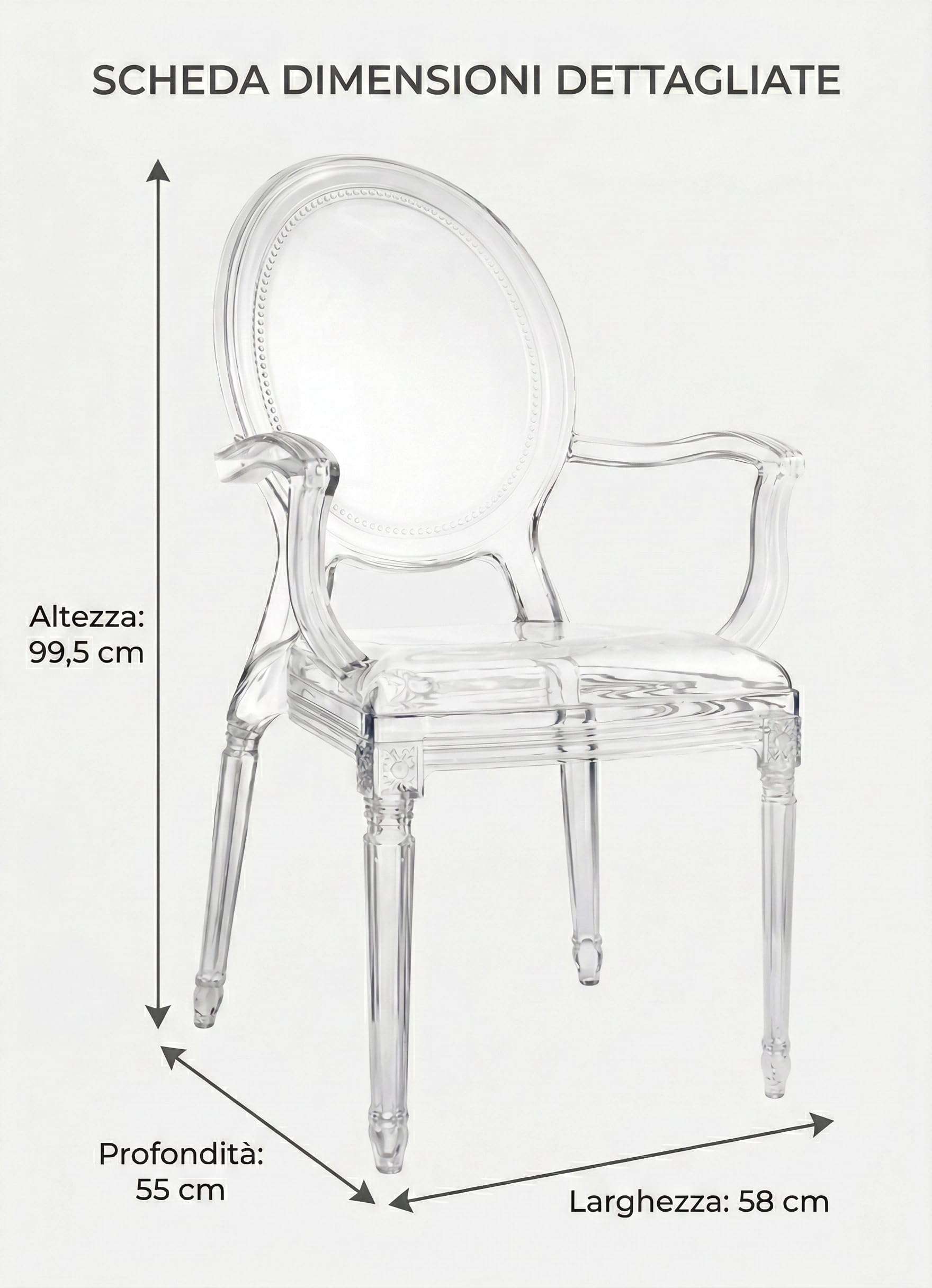 Cribel Set da 4 Atene Poltrona Trasparente in Policarbonato con Braccioli Integrati, Design Classico Rivisitato con Schienale Ovale Decorato 58x55x99.5 cm