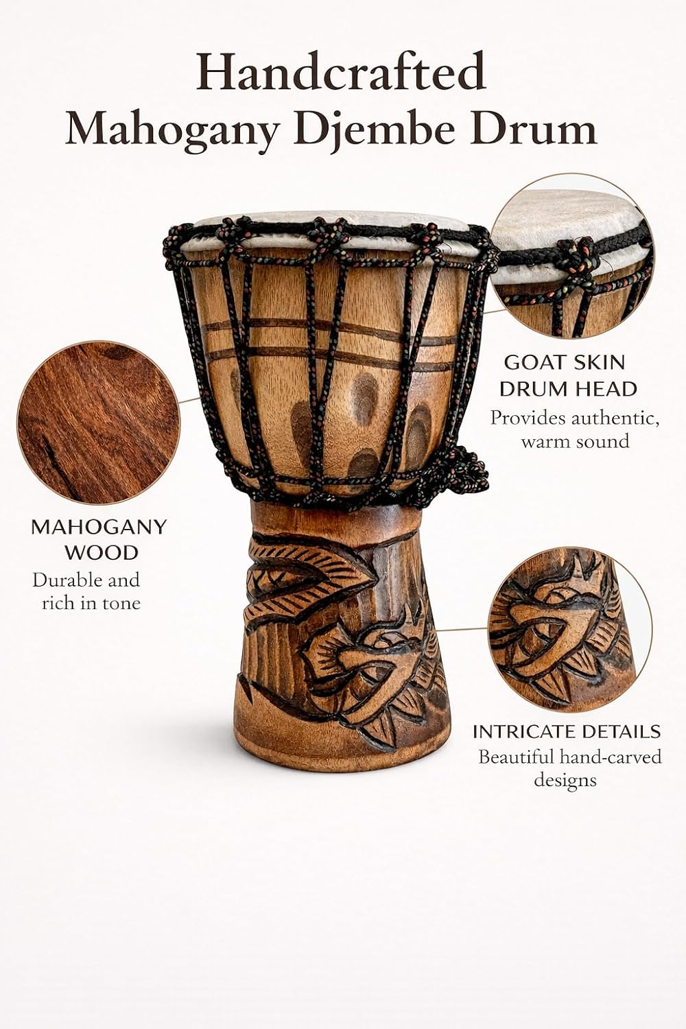 Djembe Drum Solid Wood Deep Carved Bongo Congo African Drum - 12" HIGH MED SIZE - Professional Quality - NOT MADE IN CHINA - JIVE BRAND (Dragon)