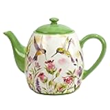Hummingbirds Ceramic Teapot, 40 oz – Watercolor Floral Bird Design with Lid, Dishwasher & Microwave Safe, Whimsical Tea Pot for Loose Leaf & Bagged Tea, Great for Garden or Bird Lovers