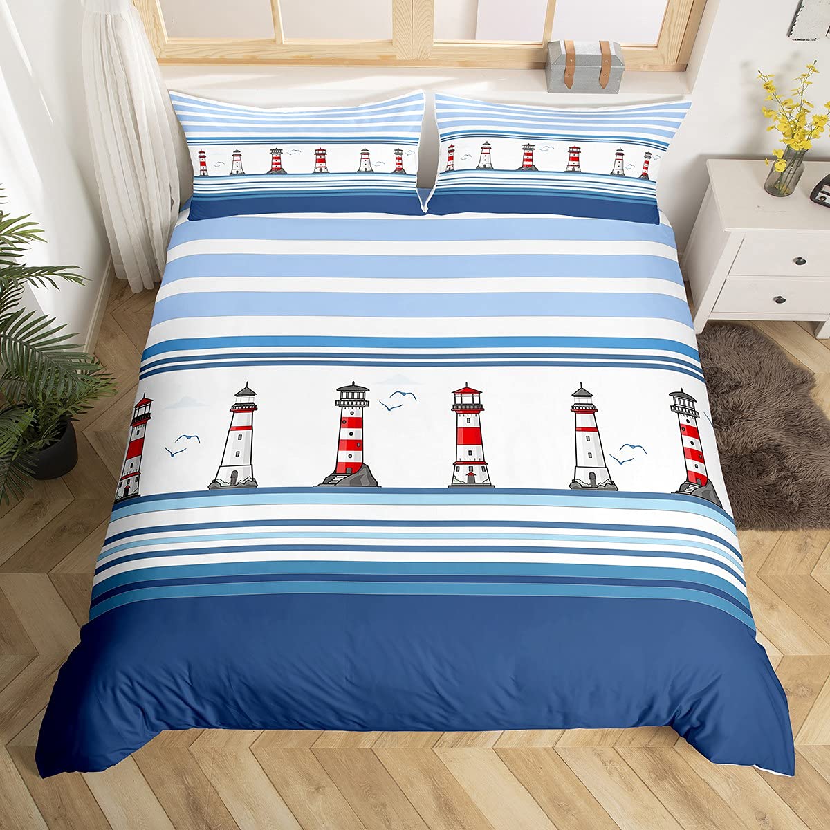 Blaue und weiße Meeresbrise Bettwäsche 155x220cm Küsten Leuchtturm Bettwäsche mit 1 Kissenbezug 80x80cm Super weich Leichte Mikrofaser Bettbezug für Mädchen Jungen Teens Jugendliche Kinder