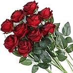 Veryhome Artificial Flowers Silk Roses Real Touch Bridal Wedding Bouquet for Home Garden Party Floral Decor 10 Pcs (Blooming Rose - Gradient Burgundy Red)
