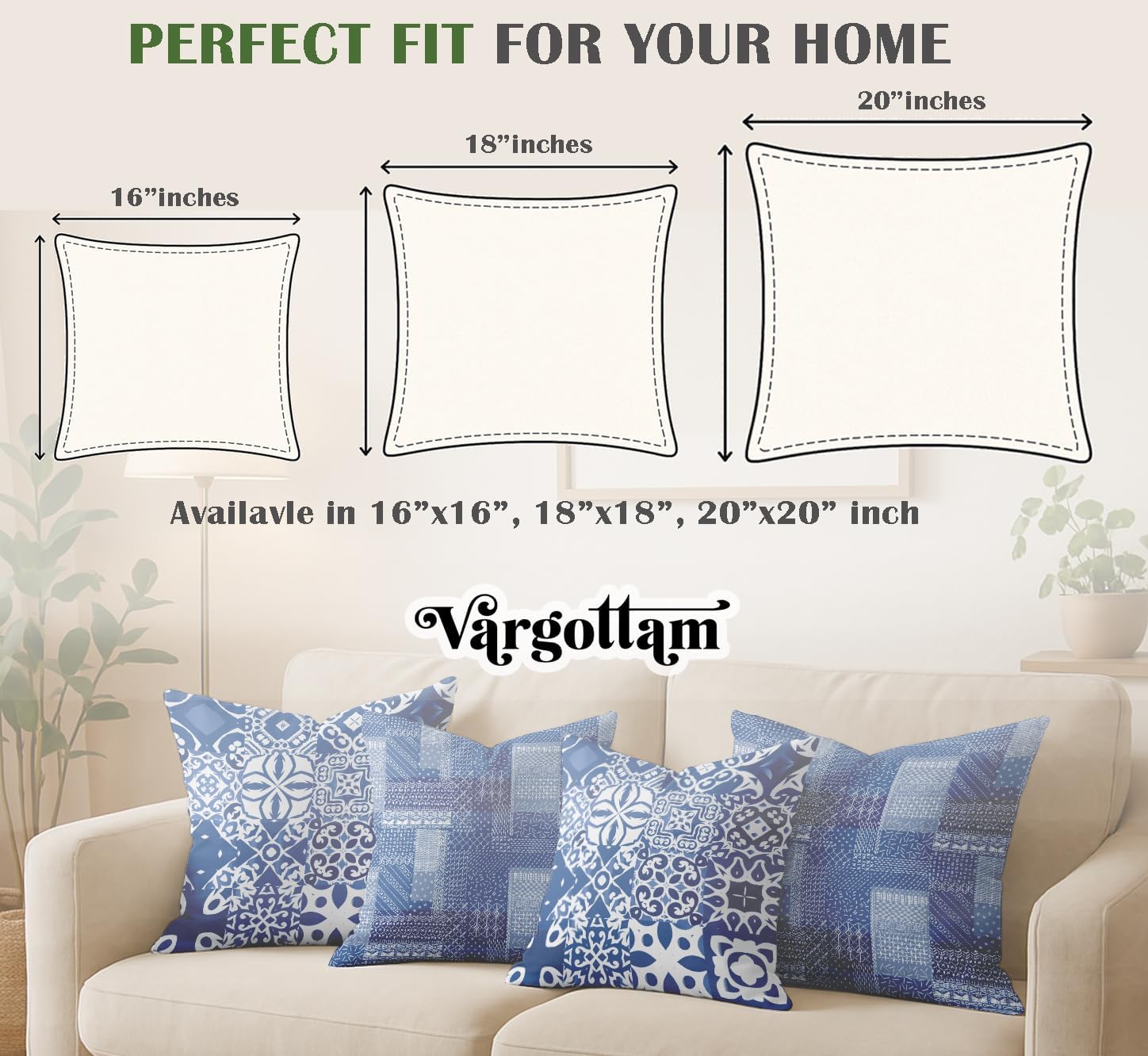 Set of 4 16x16 Inch Pillow Covers - 100% Cotton, Decorative Patchwork Print, Double-Sided Print with Concealed Zipper - Filler Not Included - Blue