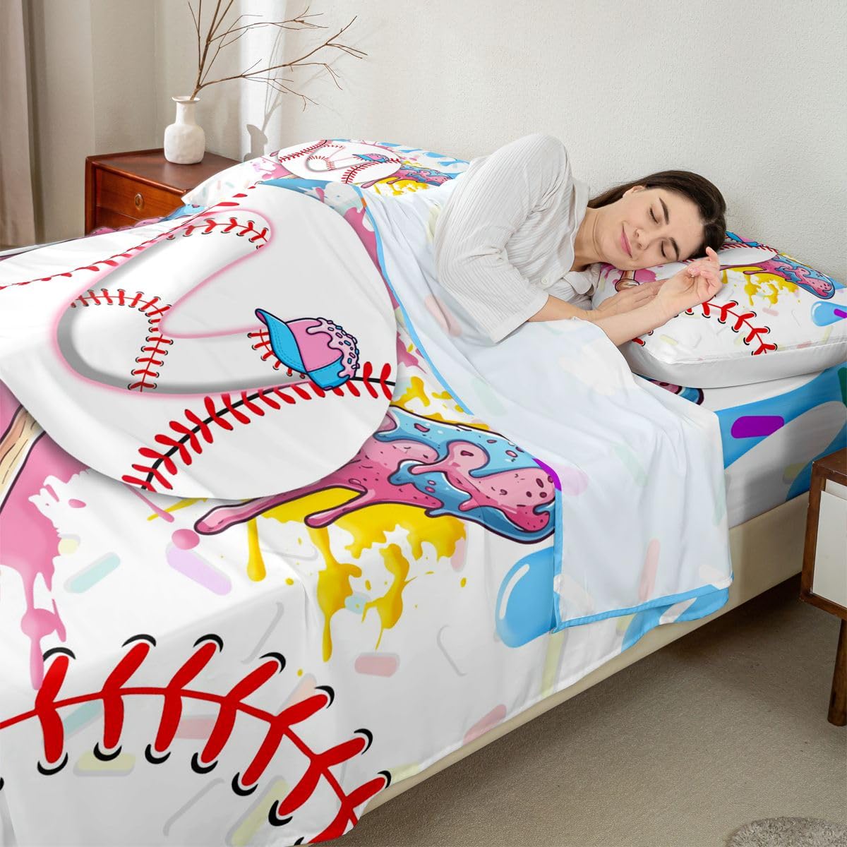 Homewish Zestaw prześcieradeł baseballowych podwójne urocze estetyczne lody kapanie prześcieradła turkusowy niebieski graffiti sport kij baseballowy pościel - Gelato chłopiec litera V inicjał monogram