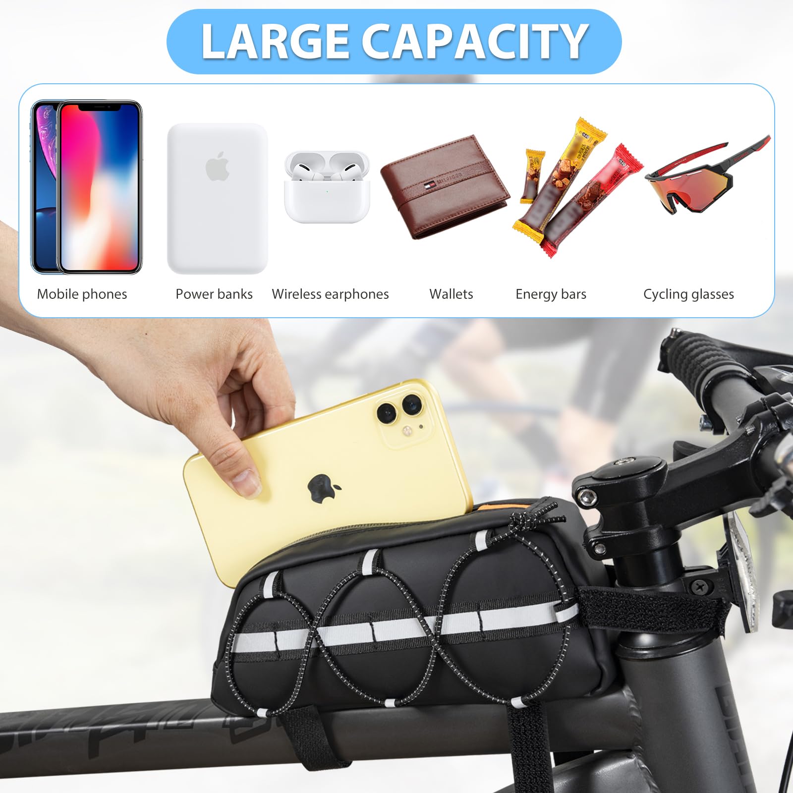 Torba na Ramę Rowerową 1,2 L z Odblaskowymi Paskami Wodoszczelna dla MTB Szosowego i E-Bike'a Czarny
