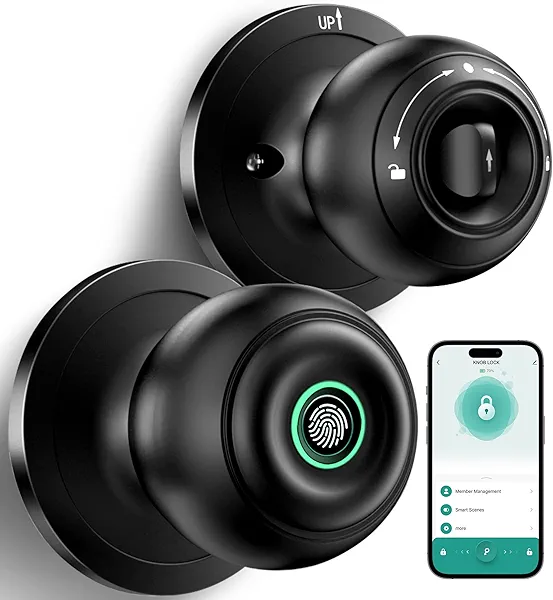 Fingerprint Door Lock, Smart Fingerprint Door Knob with Lock, Biometric Door knob with App Control & Key, Keyless Thumbprint Entry Door Lock for Bedroom, Front Door, Home, Apartment Office-Matte Black