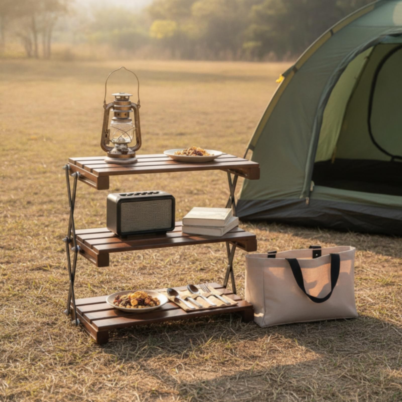 Étagère Camping Portable Étagère Pliante à 3 Niveaux Meuble Rangement Cuisine Camping Pliable pour Campeurs, Pique-Nique, Barbecue, Structure En Bois - Bois De Hêtre À Trois Niveaux