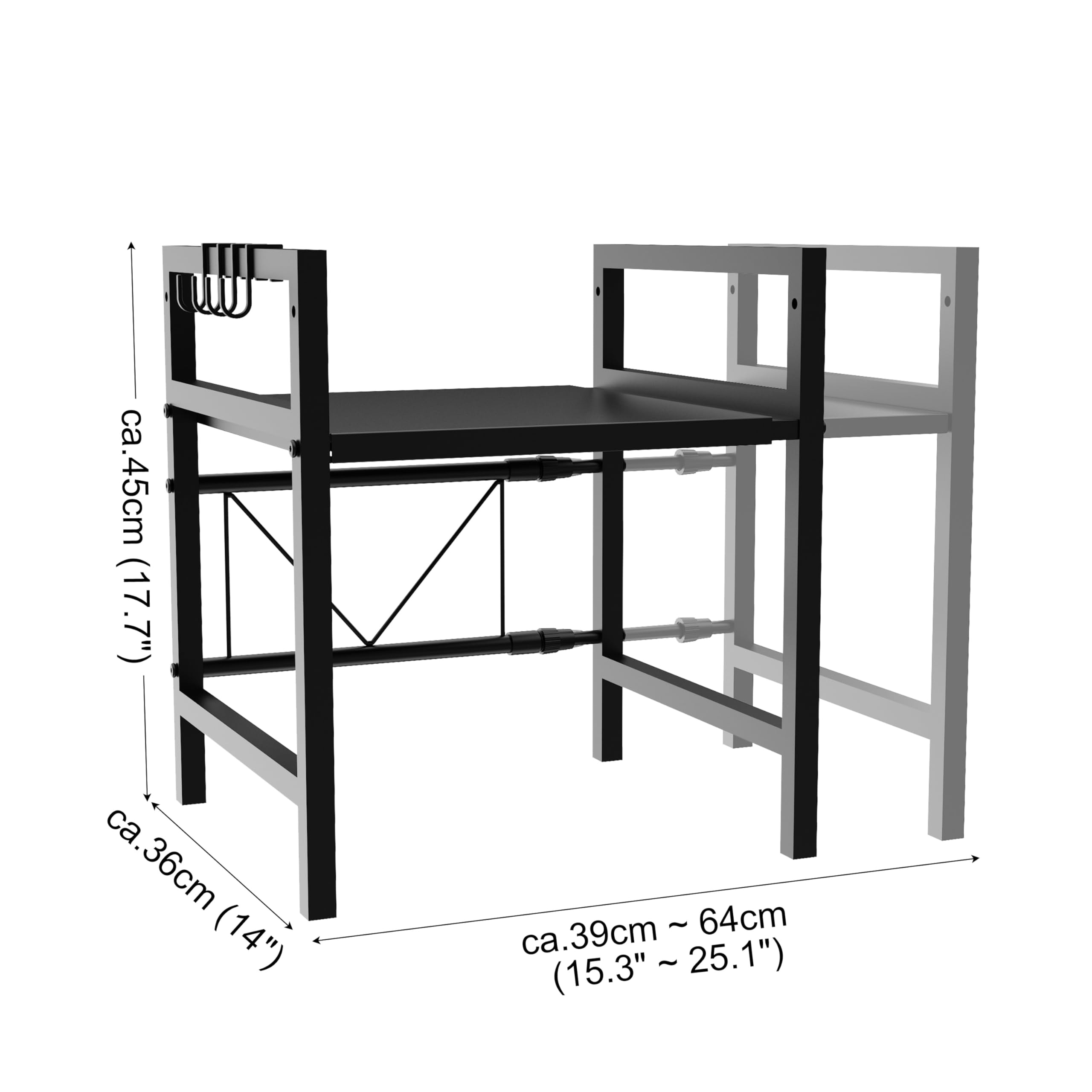 Ribelli Erweiterbares Mikrowellenregal 2 Stufig, Küchenregal Stehend Stahl, Mikrowellen Regal mit 3 Haken, Mikrowellenständer für Arbeitsplatte, Vorratsregal Bäckerregal, Schwarz